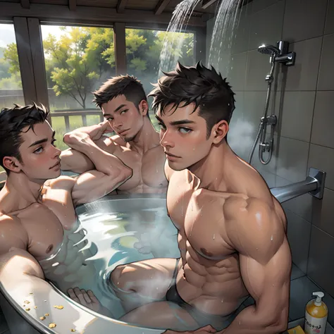 Two boys take a shower together，Bathhouse，Raised sexy