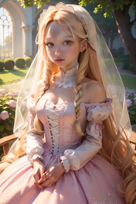 Dress in gorgeous wedding dresses inspired by Disney characters (( Rapunzel)), The long blonde hair was inspired by ((Disney character Rapunzel)), In the pink rose field, The pink gorgeous wedding dress is inspired by: (( Disney character Rapunzel)), (( Pi...