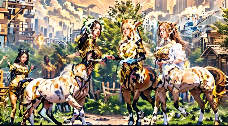 in this beautiful illustration，eight unique female centaur characters are shown，they all have their own characteristics，vivid an...