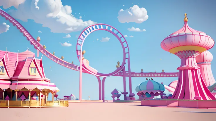 Pink roller coaster, 3 d render stylized, kawaii hq render, stylized as a 3d render, stylized 3d render, 3 d stylize scene, (rendering by octane) Fantasy style, beautiful render of a fairytale, fantasy style 8 k octane render, Fantasy Town, rendered in cin...