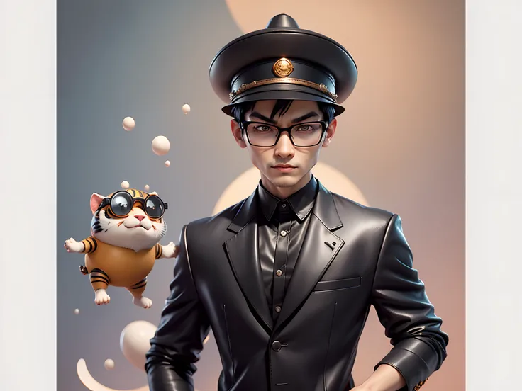 Young man with oriental face in leather hat, tiger, oriental face in formal suit, short black hair, silver glasses, digital painting, 3D character design by Mark Clairedon and Pixar and Hayao Miyazaki and Akira Toriyama, the illustration is a high-definiti...