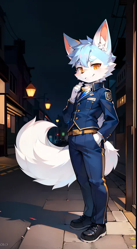 城市，the street，full bodyesbian, Young Wolf, 人物, tmasterpiece，Navy blue police uniform, Furry tail, Highest image quality, 8K, Full HD background，Cartoony，adolable，male people，a plush，Furry，White fur，White body，Light blue ears，Orange-yellow eyes，thick eyebro...