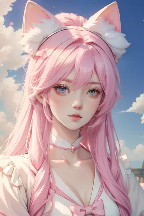 Anime girl pink hair white bow, , Beautiful character painting, , Stunning anime face portrait handsome royal sister cat ears