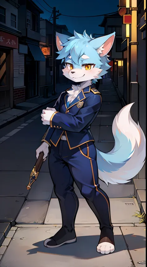 城市，the street，full bodyesbian, Young Wolf, 人物, tmasterpiece，Navy blue police uniform, Furry tail, Highest image quality, 8K, Full HD background，Cartoony，adolable，male people，a plush，Furry，White fur，White body，Light blue ears，Orange-yellow eyes，thick eyebro...