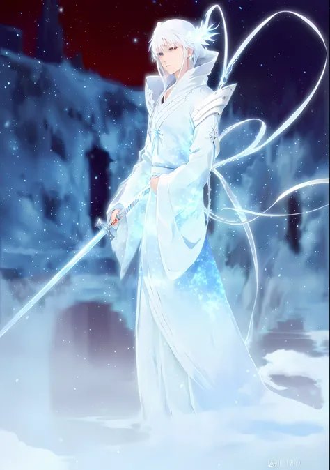 Anime Girl in blue dress holding a sword in the snow, flowing white robe, the piercing stare of yuki onna, white-haired god, very long white cloak, god of winter, White cloak, ethereal anime, long white cape, flowing magical robe, hijikata toushirou of gin...