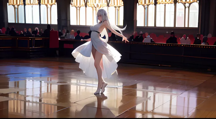 1girll,solo，long white hair, 1 girl dancing lightly and elegantly，immerse yourself in the dance，