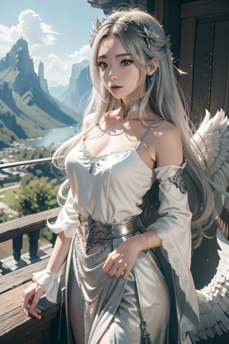 1girl in, 独奏, offcial art, unity 8k wall paper, ultra - detailed, prettify、Aesthetic, tmasterpiece, top-quality, Photorealsitic, A female angel、It has 6 large white wings on its back:2.0、Wings of a bird of prey、Blazing Angel、Silver armor:2.0、Silver gauntle...