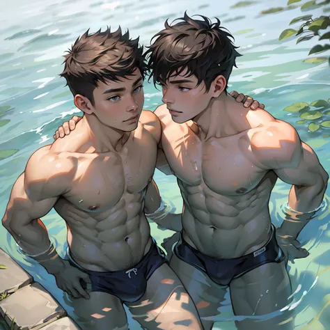 Two boys swimming together，lake water，Raised sexy