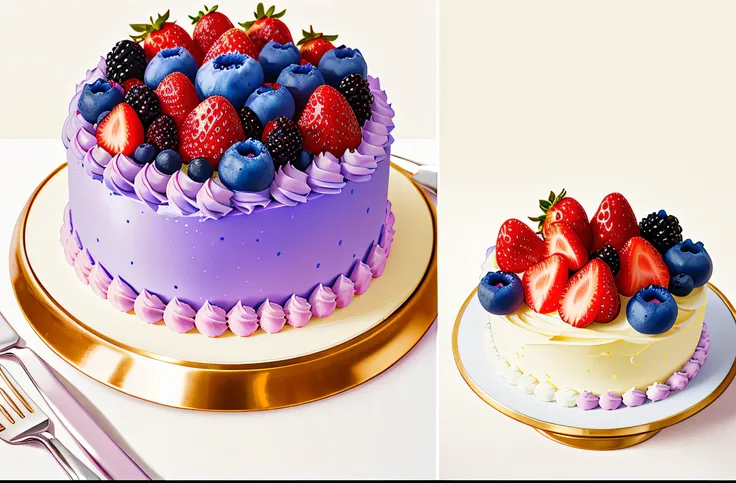 The top of the cake is covered with a layer of strawberries，blue berry，Exquisite，3Drenderingof，Exquisite