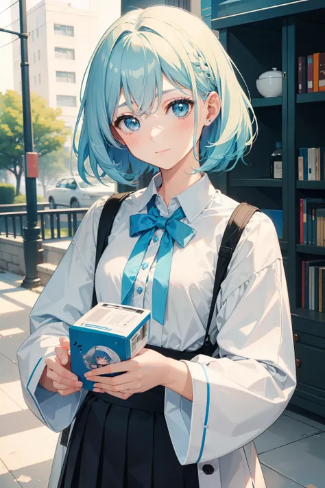 a beauty girl，lightblue hair，bobhair，Manga style，fulcolor，A slender，Infant face，hi-school girl，boyish，A slight smil