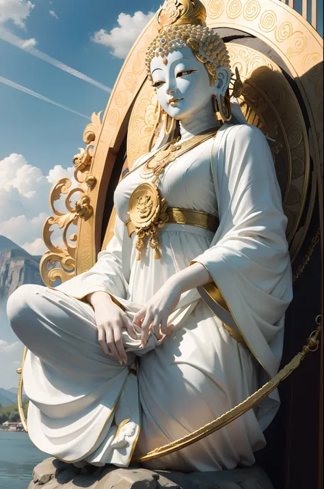 BUDDHA STATUE，Guanyin Bodhisattva，standing on your feet，Outdoor photography（River mountain background：1.2），white colors，golden colored，Rosette，Super spectacular and magnificent，vivd colour