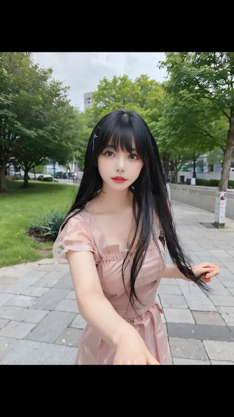 Arad woman in pink dress holding frisbee on the sidewalk, Long black hair with bangs, long whitr hair，Thick bangs, Long hair with bangs, She has black hair，By bangs, Long black hair，By bangs, 8k selfie photograph, long straight bangs, Asian girl with long ...