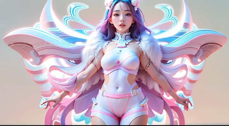 Masterpiece, hyperrealistic, highres, best quality, ultra detailed, Cinema 4D, Octane render, Innovative, 1girl, full body, perfect waifu, super cute and sexy girl, super hot girl, long hair with a light blue gradient like pink, wearing a pink and white mi...