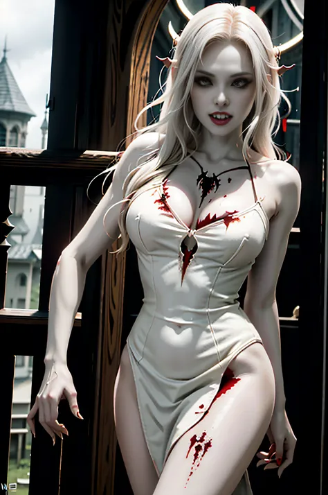 1 girl, (pale white skin:1.5), (long vampire teeth:1.4), (sharp exes:1.2), big and large eyes, (run:1.2), white blond medium hair with messy and shaggy, medieval houses with red hazy moon night and rain cloud, background, long deep red and light black long...