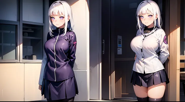 White hair，Hinata Hinatas face and figure，Wearing a high school girls uniform，Bigboobs，Black stockings，Whole body diagram，Shy face，On the way home