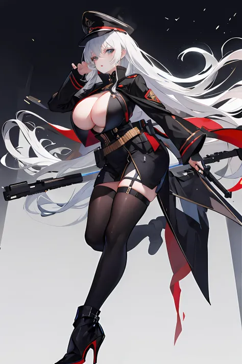 1 women, night city, black military dress, high heel, weapon on the back, white long hair, (big tits), cool face, beautiful, military hat, 4k, high quality, upperbody