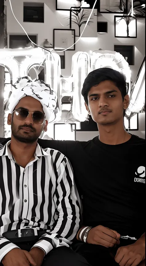 there are two men sitting on a couch with balloons in the background, jayison devadas, candid picture, ghutra and egal, * colour splash *, profile pic, casual photography, cute boys, candid photo, desaturated!!, black & white, photoshopped, friendship, old...