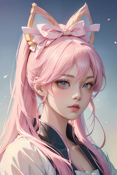 Anime girl pink double ponytail，white bows，Beautiful character painting，stunning anime face portrait，Handsome royal sister，Cat ears。