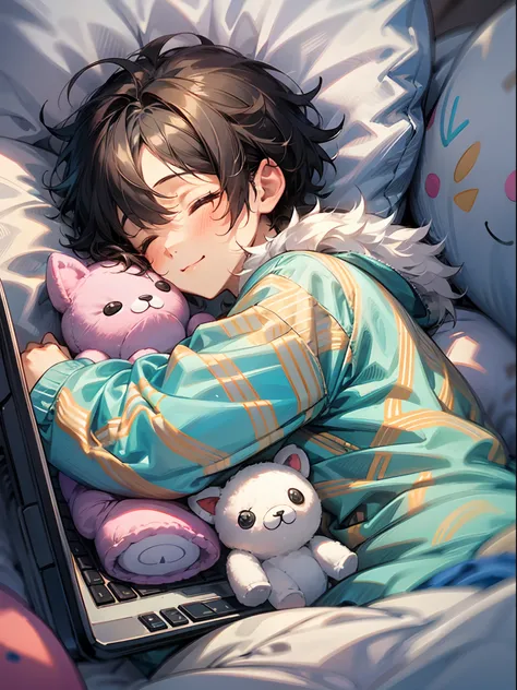 photoRealstic、Drawing of a ((cute boy)) sleepy on a bed, laptop on ((holding many soft toys)),niji,cute ,calm, happy expressions,、cuddle with fluffy Softoy