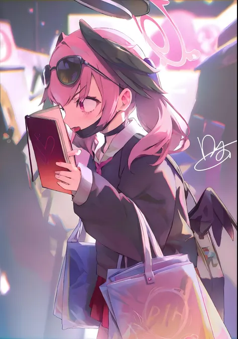 Anime girl holding a book with pink hair and sunglasses, DDLC, doki doki literature club, Guviz, Guviz-style artwork, lollipop, anime moe art style, (Anime girl), anime visual of a cute girl, Kantai collection style, from girls frontline, zerochan, anime v...