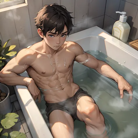 The boy goes to the bath after exercise