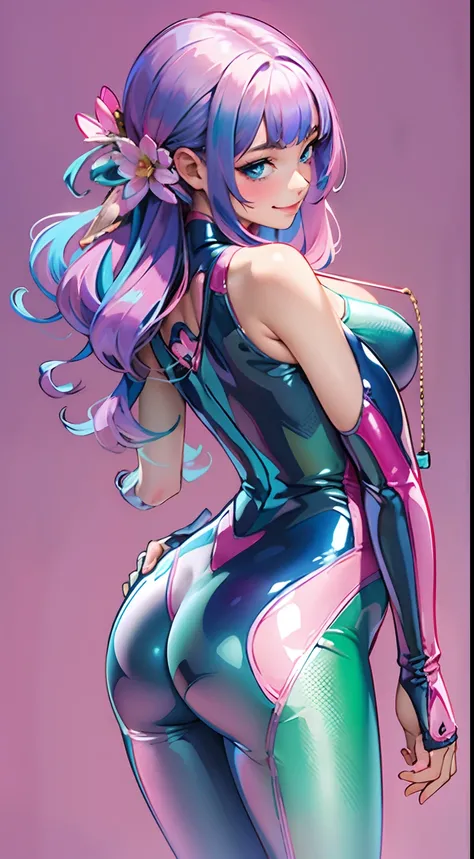 best quality, masterpiece, beautiful face and eyes, beautiful woman, glamorous body, indigo hair, aqua eye, one woman, delicate depiction, glossy latex pink full bodysuit, clothes are transparent, provocative pose, back view, sticking out ass, charming ass...