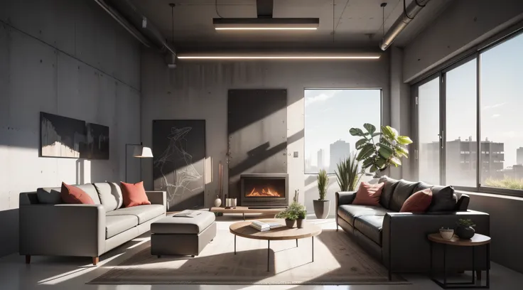 Generate an artistic representation of a living room with an exposed concrete wall, complemented by contemporary furnishings and carefully chosen decor, capturing the balance between industrial and refined aesthetics.