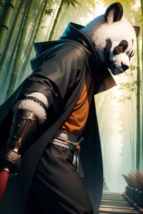 In the bamboo forest, the panda wears a cloak, holds a sword in his hand, and wears martial arts pants