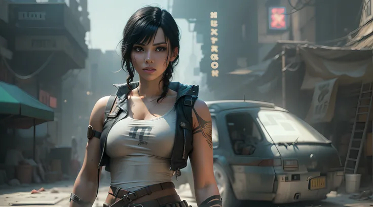 a photorealistic fullbodyshot version of a pale woman with black hair and bangs and flast chest cosplaying Lara Croft in a cyberpunk fashion, the woman stand on the left in the picture, whereas to the right the environment of the game unfolds