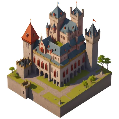 single tower, red roofs, isometric 3d fantasy, castle, stylized as a 3d render, 3 d render stylized, game asset, epic castle, isometric game asset, (isometric game art: 1.5),