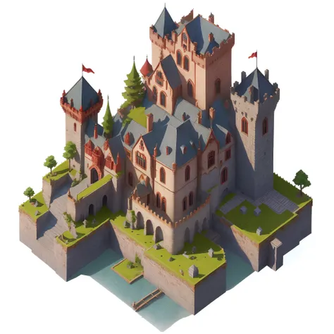 single tower, red roofs, isometric 3d fantasy, castle, stylized as a 3d render, 3 d render stylized, game asset, epic castle, isometric game asset, (isometric game art: 1.5),