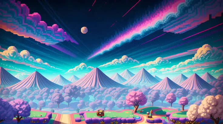 retro game vibes, retro game style, old game, immersive, pink, purple, blue, neonglow, landscape inspired by 2D games, jumpnrun, platformer games, trees, seas, mountains, clouds