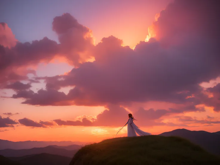 Imagine a breathtakingly photographic realistic landscape，A cute girl standing on the top of a majestic hill, As she gazed at the sky，Her eyes were filled with amazement. The atmosphere is filled with awe and serenity. The sky is painted in shades of pink ...