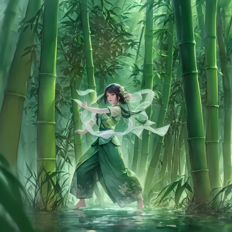 1 girl, dances, green bamboo forest, surrounded by rain, illustration style, motion blur, long exposure fullbody, exquisite facial features, Chinese styleink style, martial arts style, selective focus, panorama