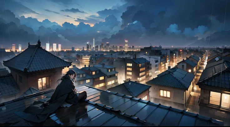 On the roof of a city，It just finished raining，The cold wind howled，Look at the whole city