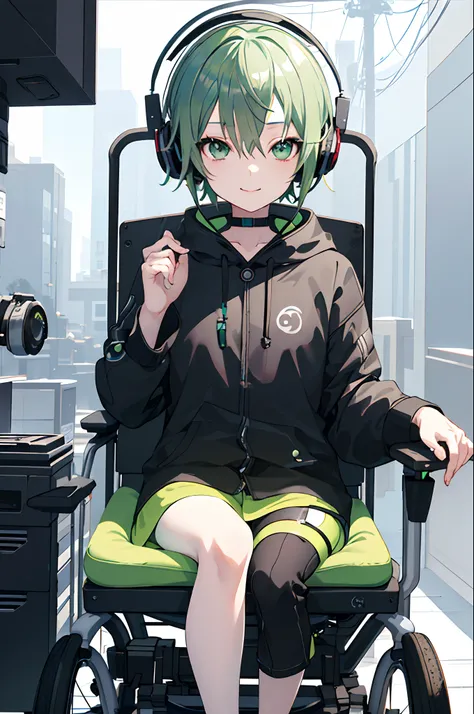 1girl, longeyelashes, Solid Circle Eyes, lightsmile, Green hair, Short hair, headphones, stereograms, 8K, Super Detail, ccurate, Best Quality, Wheelchair, Tachi-e, Anime style