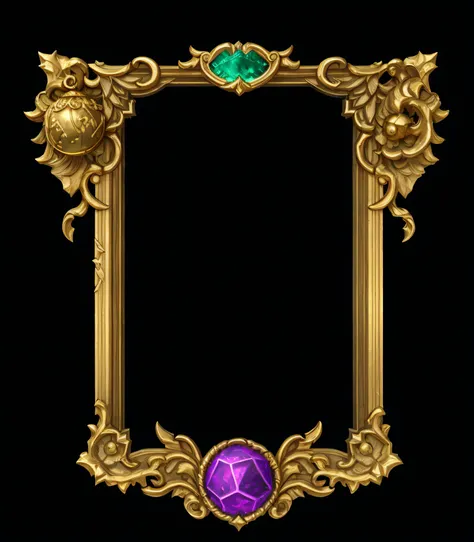 Gold frame with purple ball close-up, ornate border + concept-art, baroque color scheme, Eldridge color scheme, Baroque color palette, Golden-green, Blue-purple, game overlay, Game UI, hearthstone colour style, Rococo color scheme, ornate frame, cyan and g...