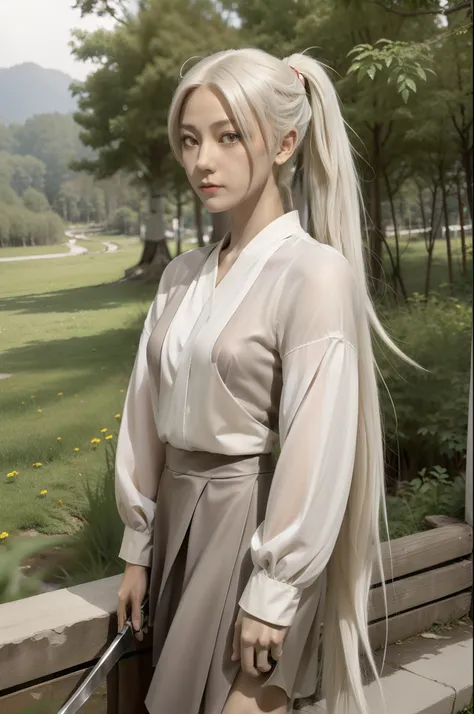 (Anime fox girl with long white hair tied in ponytail), (Fox girl holding a katana，in a skirt), (Red eyes), white-haired god, neutral expressions, High quality, ((Extreme detail)), Forest village in the background