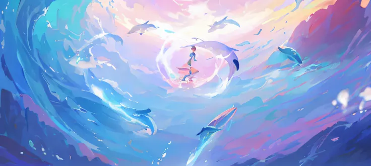 There are many dolphins swimming in the sea，Alone on a surfboard, sky whales, flying whale, Anime art wallpaper 8 K, Makoto Shinkai Cyril Rolando, Anime art wallpaper 4 K, Anime art wallpaper 4k, wallpaper anime blue water, concept art magical highlight, A...