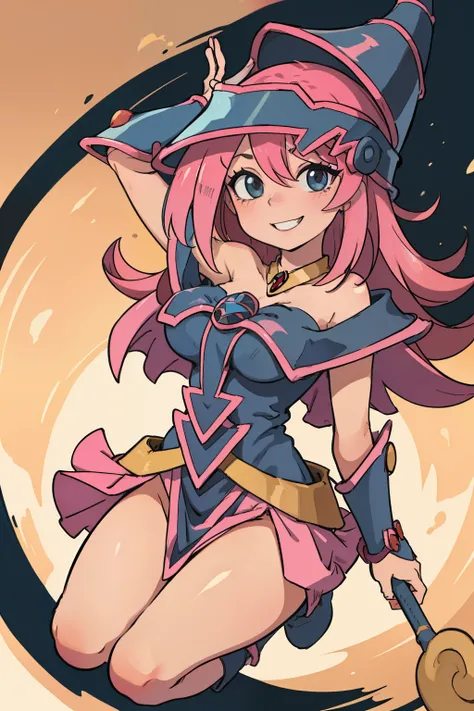 Dark Magician Girl, 遊戯王, pink hair, big breasts, shiny eyes, smile, jumping,