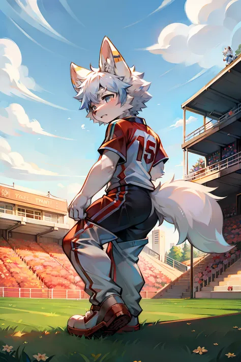 Boy student，14岁，arctic fox，shaggy，Animal ear，Animal fur，Hairy all over，Animal paws，large ear，adolable，kawaii，Fluffy tail，White fur，Comic book style，Wearing a Soccer Suit，play soccer，On the football field，Detailed background，with blue sky and white clouds，t...