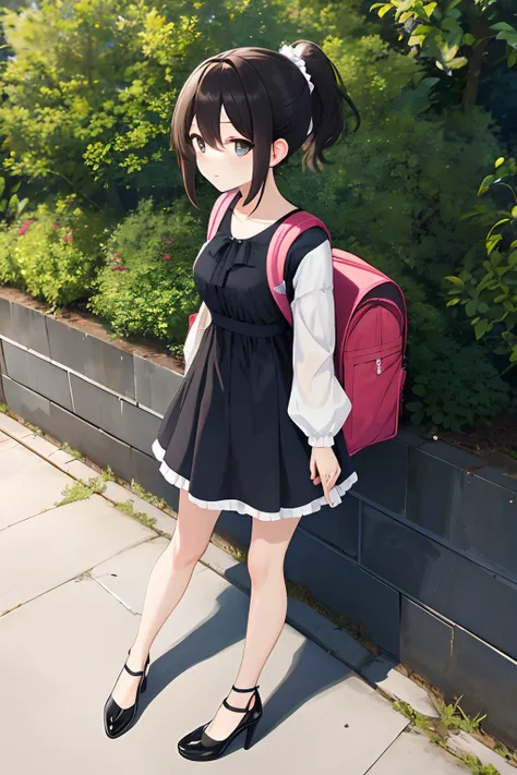 Masterpiece, Best Quality, Hi-Res, 1 Girl, Solo, ssmall Breasts, Short Hair, ponytail, Hair Between Eyes, Floating Hair, wear  dress, puff sleeve dress, standing, wear high heel, fullbody, wearing backpack, (backpack:1.0),  daytime, park