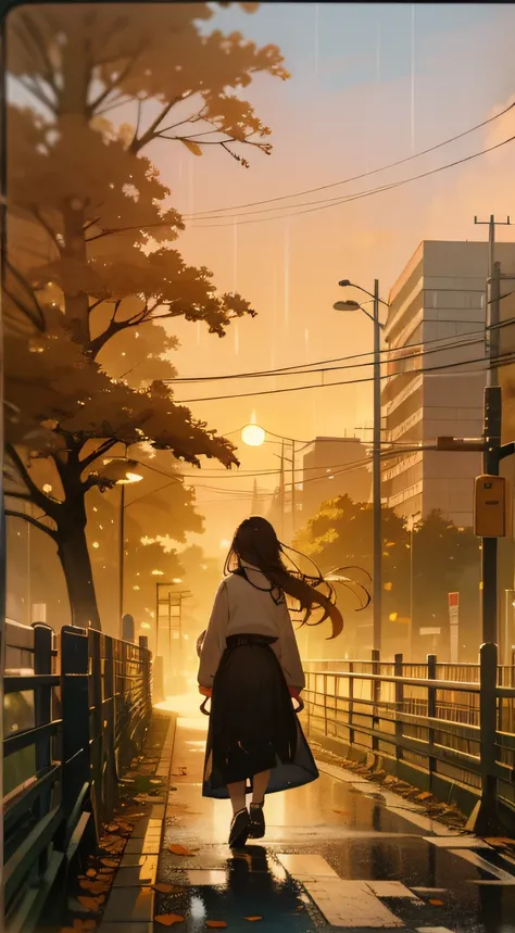 The sunset is glow, the street scene is slightly dim, the drizzle is thick, the girls back is gradually revealed, the branches and leaves are falling, walking alone on the road.