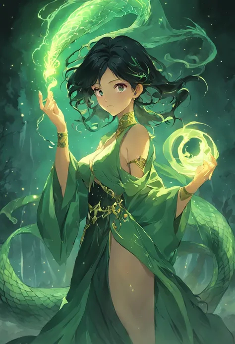 1 woman, snake body, enchanting gaze, silky black hair, scales, glowing tattoos, green eyes, seductive smile, flowing robes, magical staff, casting spell, mystical aura, serpentine movements, forest background, moonlit night, swirling mist, ethereal beauty...