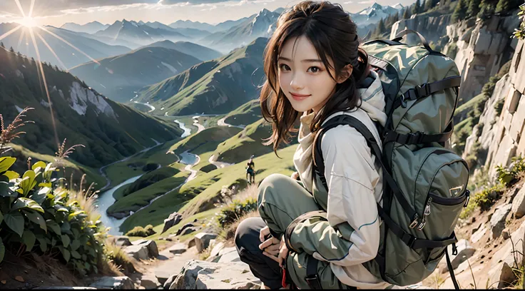 (tmasterpiece、best qualityer、8k wall paper、A high resolution、ultra-realistic realism)、2girls、Whole body from a little distance, facing front、Beautiful face、Beautiful eyes、Beautiful nose、Beautiful mouth、Wear black-eyed patagonia, Carrying a large backpack:1...