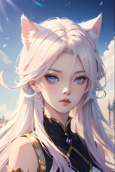 Anime girl fan hair , Beautiful character painting, , Stunning anime face portrait with cat ears Blue eyes Beautiful princess