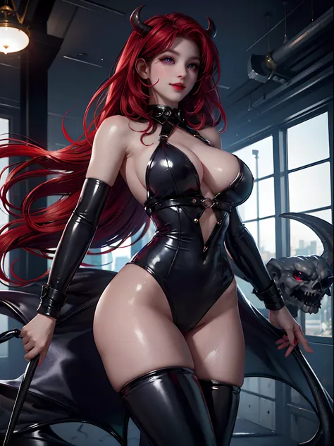 Masterpiece, Best quality, 1 girl, Demon Girl, femdom, Big breasts, Perfect body, Red hair, Long hair, Straight hair, Purple eyes, latex, Seductive, fake smile, perfectcg, HD quality,