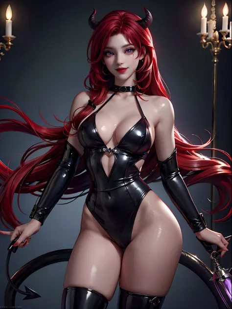 Masterpiece, Best quality, 1 girl, Demon Girl, femdom, Big breasts, Perfect body, Red hair, Long hair, Straight hair, Purple eyes, latex, Seductive, fake smile, perfectcg, HD quality,