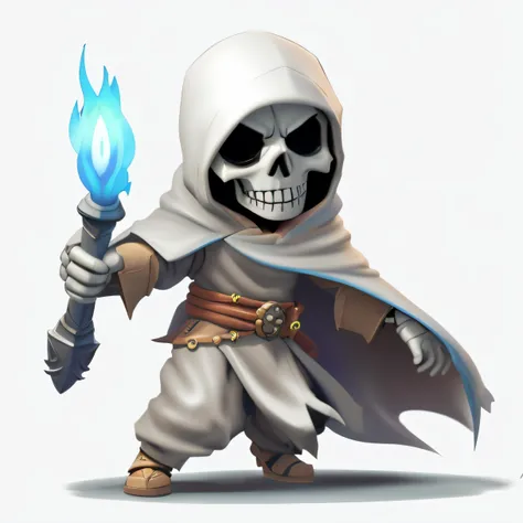 Close up of cartoon character with blue flame, an arcane wizard casting a spell, skeleton warrior, Undead Mage, Fiery Grim Reaper, ghostly necromancer, Reaper Mini, evil death, mower, With a skull wand, undead lich, skeleton knight, game character art, con...