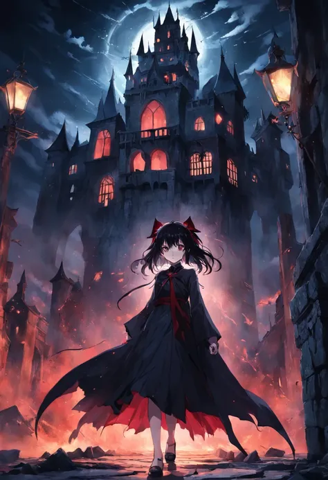 Best quality, Masterpiece, 超高分辨率, (photograph realistic:1.4), surrealism, Dream-like,fusionart, Shadowdancer, shadow magic,Red-eyed, Black-haired vampire，Dilapidated castle in the background